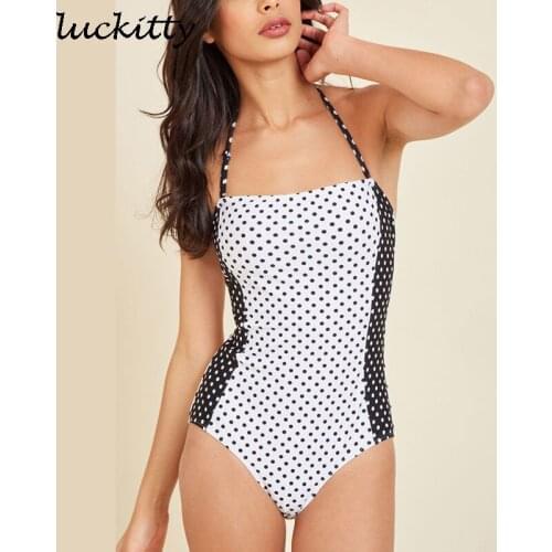 White/Black Classic Polka Dot Print One Piece Women Swimsuits Retro Monokini Push up Halter Swimsuit Bra padded Female Bodysuit