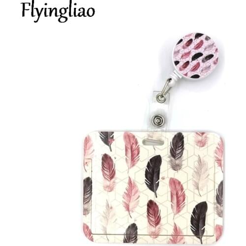 Black Pink Leaves Feathers Cute Card Cover Clip Lanyard Retractable Student Nurse Badge Reel Clip Cartoon ID Card Badge Holder
