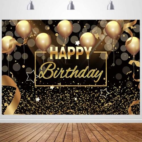 Black Gold Happy Birthday Backdrop Sparkle Glitter Golden Balloon Bokeh Circles Dots Men Women Birthday Party Decor Photo Banner