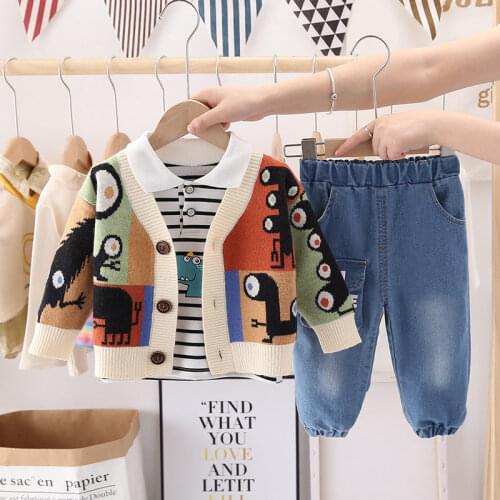 Children Cotton Baby Boys Clothes Autumn Cartoon v-neck suit T-shirt Pants 3Pcs/sets Infant Out Kids Toddler Casual Tracksuits