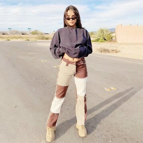 Color Block Splicing Woman Skinny Straight Jeans Mid Waist Denim Trousers Sexy Streetwear Pants Tribal Nation Fashion Clothin