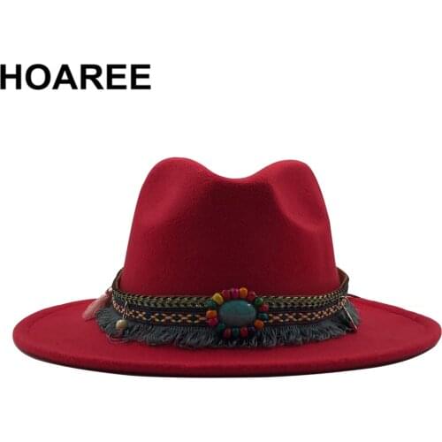 Red Women Men Ladies Fedoras Top Trilby Cap Imitation Woolen European American Autumn Winter Ethnic Style Felt Hat 58-60cm