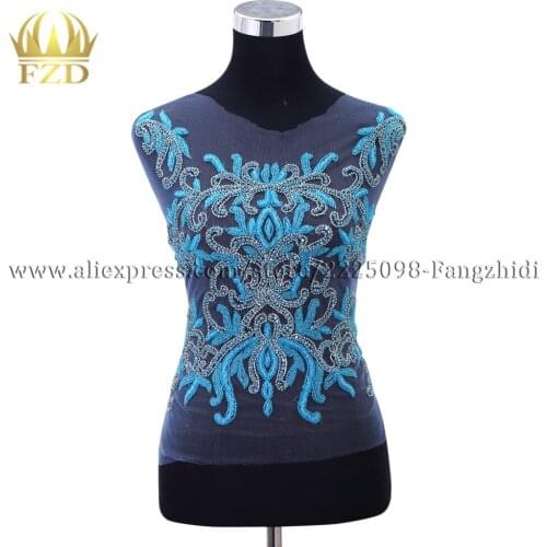 FZD 1 Piece Fashion NO.3 color Blue Beads Bodice Patches and Rhinestone Crystal for Wedding Dress, DIY Decorative Clothes Fabric