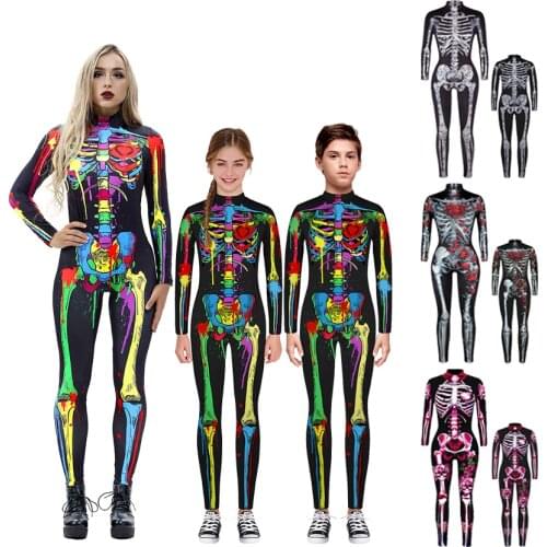 Halloween Skeleton Jumpsuit for Adult Kid Parent-child Family Cosplay Costumes 3D Scary Skull Bodysuit Romper Christmas Gift