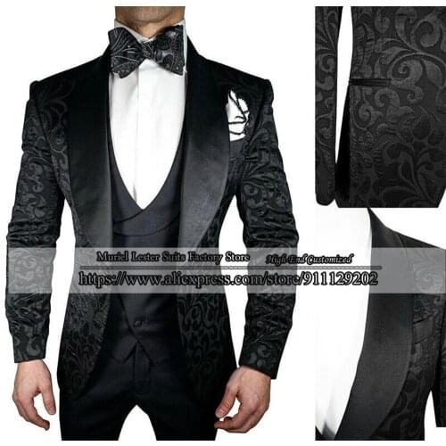 Black Jacquard Formal Men Suits Blazer Terno Masculino Custom Made Satin Peaked Lapel Jacket+Vest+Pants 3 Pieces Set Tuxedos