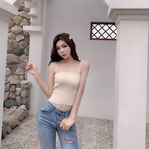 Women Crop Tank Top Off Shoulder Camisole Push Up Knitted Corset Solid Sleeveless Tops Girls Lounge Streetwear