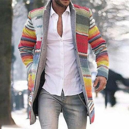 Men Autumn Winter Comfortable to Wear Open Front Rainbow Stripes Open Front Long Sleeve Trench Coat Overcoat for Outdoor