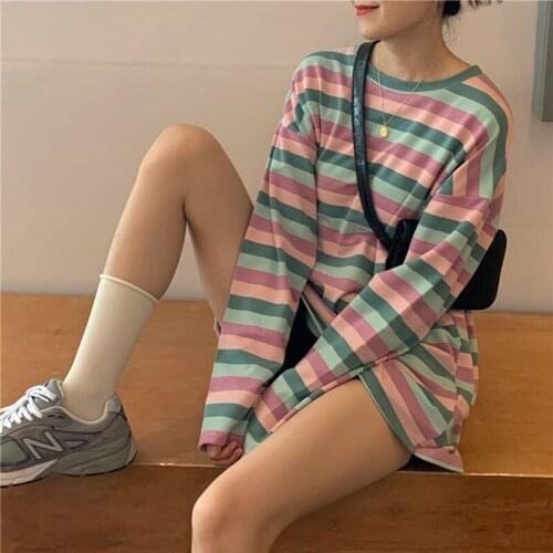 New 2020 Korean Style Long T-shirt Women Autumn Colorful Striped Tops Long Sleeve Tshirts Ice Cream Cute Loose Tees