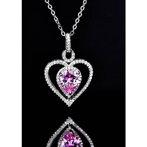 QTT New Trendy 925 Silver Necklace Lovely Heart Shaped Crystal Pendant Necklace with Chain Women Sparkling Zircon Wedding Choker