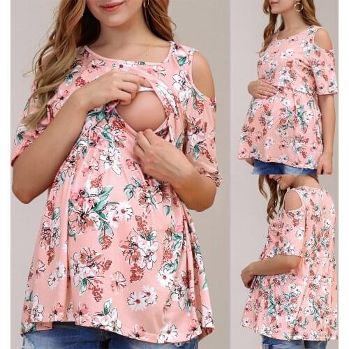 New Floral Maternity Nursing Tops Print Plus Size Pink Short Sleeve Maternity Clothes Women Large Size Pregnancy Clothing