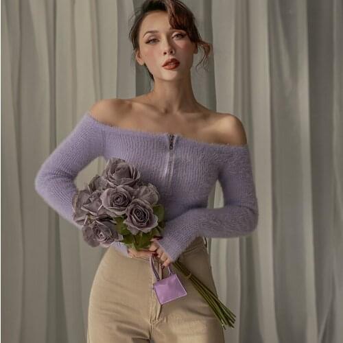 2020 Autumn Fashion Vintage Off The Shoulder Furry Short 4 Color Slim-Fit Cardigan Knitted Sweaters for Women Sexy Fall Clothes