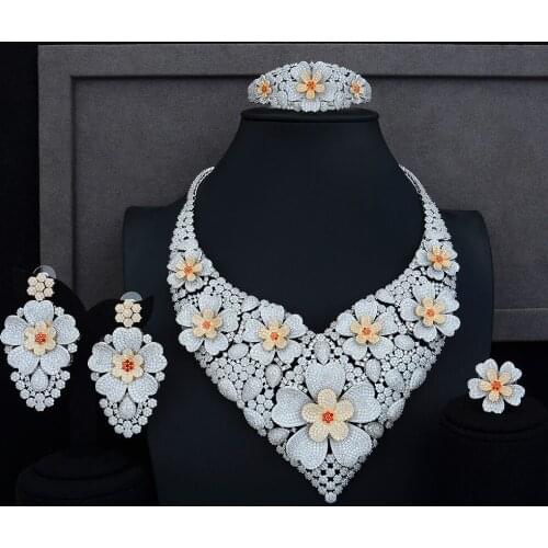 Blachette Mosaic Flowers 4 PCS Performance Stage Occasion Luxury Necklace Bracelet Earring Ring Jewelry Sets Full Cubic Zirconia