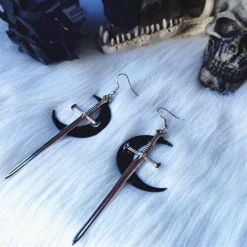 Swords black moon earrings Witchy warrior pagan gothic medieval silver color Classic warrior gift women 2021 new fashion