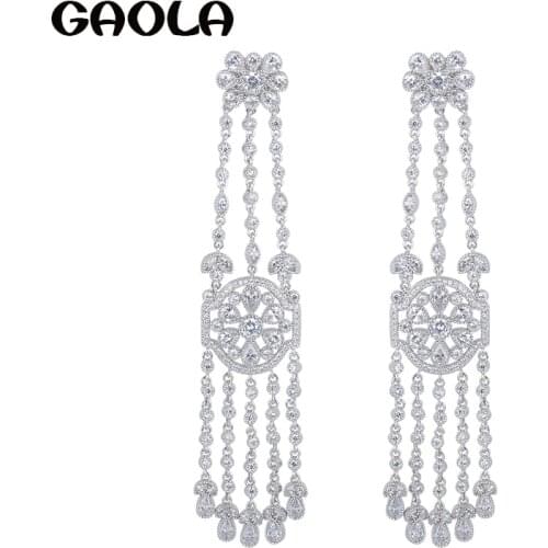 GAOLATrendy New Design Luxury Jewelry Long Crystal Silver Color Earrings For Women Wedding Accessories Vintage Style GLE5392