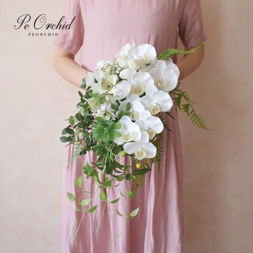 PEORCHID Beach Cascade Wedding Bouquet Artificial White Tulip&orchid Bridesmaid Flower Bouquet Wedding Decoration Ramos De Novia