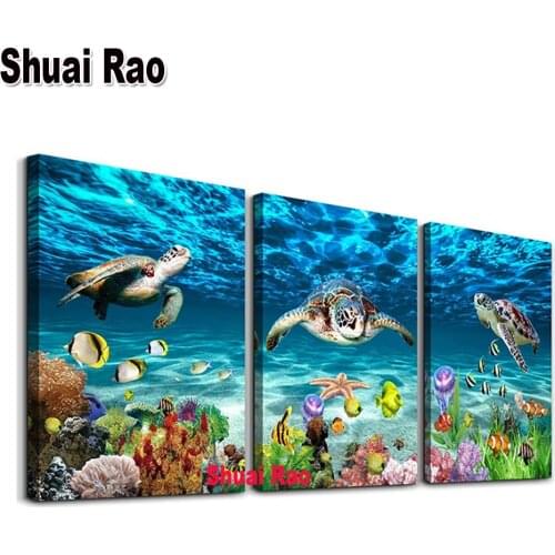 Triptych 5d diy diamond painting"Sea turtle Ocean landscape" embroidery full square/round diamond mosaic seascape,Home Gift