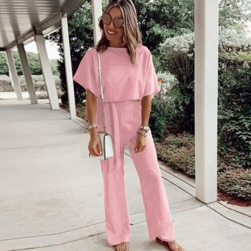 Women Jumpsuit Casual O Neck Short Sleeve Playsuit Elegant Office Lady Wide Leg Overalls Female With Belt Bodysuit Loose Rompers