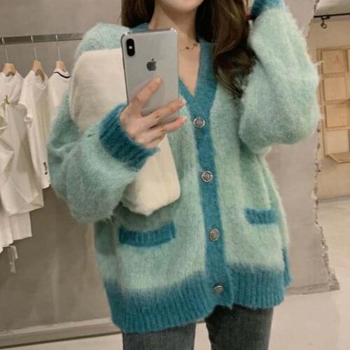 Chic Mohair Sweater Coat Women Fall/winter V-Neck Loose Sweet Contrast Color Mink Cashmere Knitted Cardigan Pullovers Crop Tops