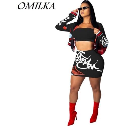 OMILKA 2018 Autumn Winter Women Long Sleeve Letter Printed Crop Jacket and Skirt Set Sexy Club Party 2 Piece Tracksuit Set