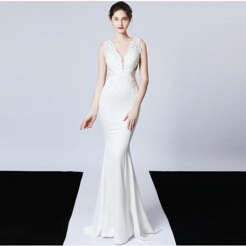 White Beaded Floral Appliques Sexy V Neck Sleeveless Mermaid Elegant Party Dress Women Formal Dresses For Wedding Nightclub Wear