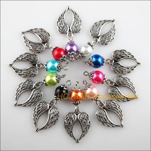 10 New Animal Wings Charms Mixed Glass Beads Pendants Tibetan Silver 16.5x39mm