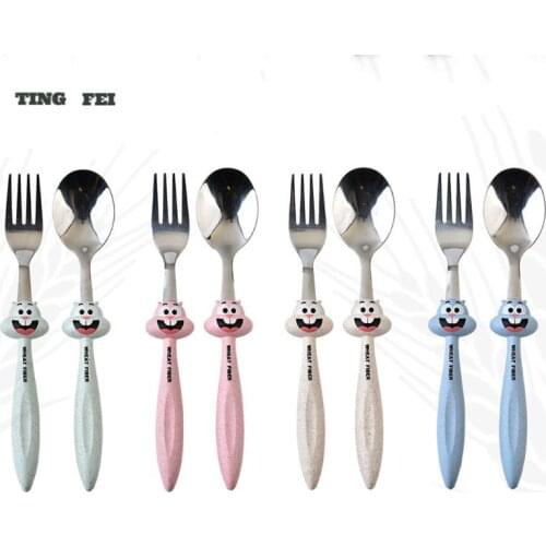 2Pcs/set Baby Stainless Steel Feeding Spoon Fork Set Kid Children Toddler Child Cartoon Tableware Flatware