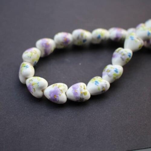 20Pieces 11.6mm*12mm*8.6mm Heart Shape Ceramic Beads for jewelry Purple flower With green leaf making 3996