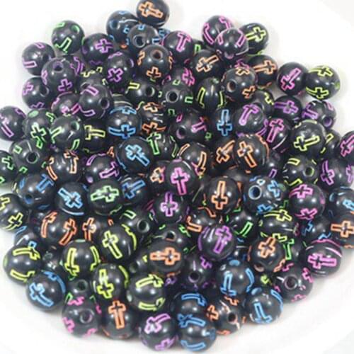 200 Black with Neon Cross Acrylic Round Beads 8mm Smooth Ball Kid Crafts