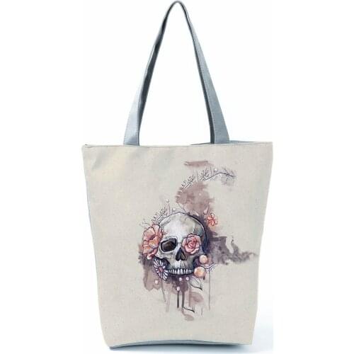 Halloween Skull Floral Printed Large Shoulder Bag For Women Fashion Portable Travel Bag Daily Reusable Shopping Bag Retro Tote