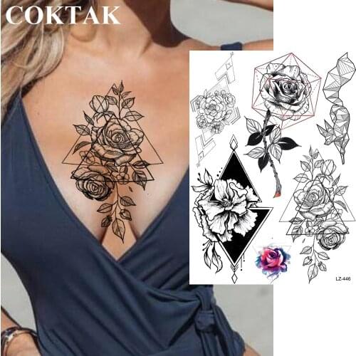 COKTAK Triangle Diamond Temporary Rose Tattoos Floral Body Art Arm Chest Tatoo Stickers Waterproof DIY Morning Glory Fake Tattoo