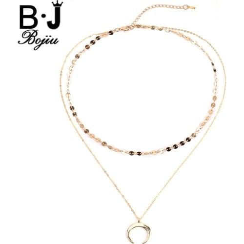 Bojiu Two Layers Necklace Copper Gold-color Elegant Moon Crescent Pendant Cable Chain Necklaces Exquisite Festival Gifts NKS124