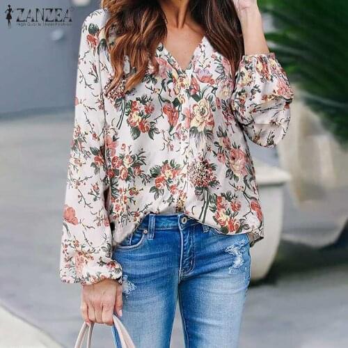 ZANZEA Elegant Womens Blouse 2021 Spring Bohemian Printed Tops Casual Ladies Puff Sleeve Blusa Femme Oversized V-neck Tops 7