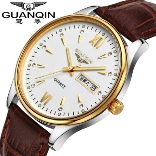 GUANQIN 2020 Fashion Mens watches leather business Quartz watch Waterproof Calendar week date display clock relogio masculino