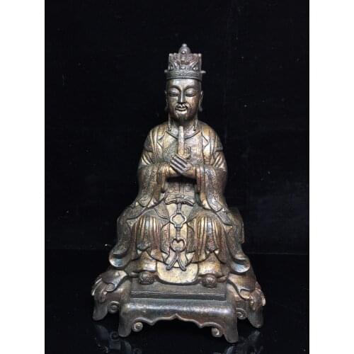 10"Chinese temple collection Old Bronze Cinnabar Lacquer Northern Wei Buddha Civil servant statue Master Zu Ornaments Town House