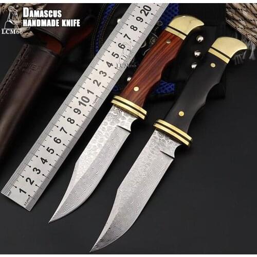 LCM66 Damascushunting straight knife tactical knifeFixed Knives,brass head+solid wood handle Survival Knife,Camping Rescue tool
