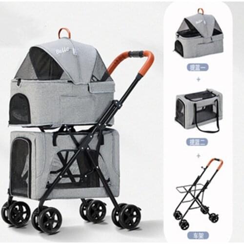 Lightweight folding double-layer pet stroller for dog paparazzi pet detachable and separate cat cage travel pet stroller