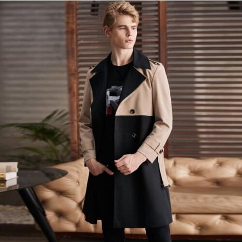Mens trench coats man Double breasted Color matching Middle length coat men clothes spring autumn slim fit overcoat long sleeve