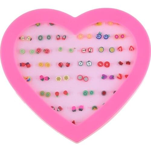 QIBEI New Design Mini Handmade Flower Clay Earring Stud Sets Fruit Earring Set For Child With Heart Box 36 Pairs/set
