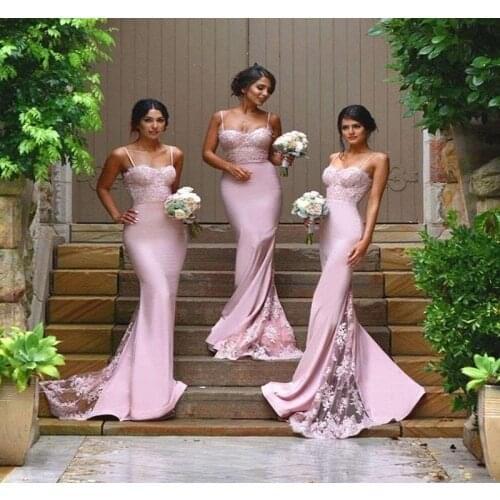 2021 New Sexy Bridesmaid Dresses Spaghetti Strap Applique Blush Peach Wedding Party Long Dress Lace Formal Gowns Maid Of Honor