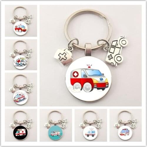 New ambulance medicine kit jewelry keychain glass pendant doctor keychain nurse souvenir graduation gift handmade