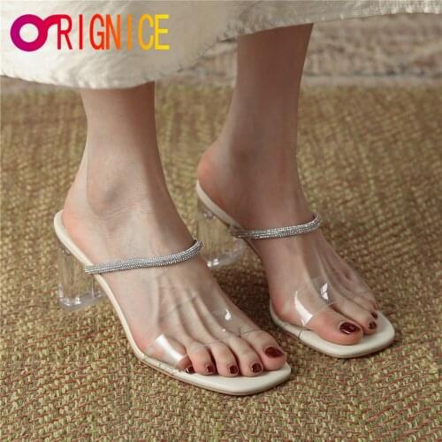 Orignice Transparent PVC Sandals Women Fashion Clear Crystal Thick High Heel Sexy Slipper Summer Peep Toe Wedding Party Shoes
