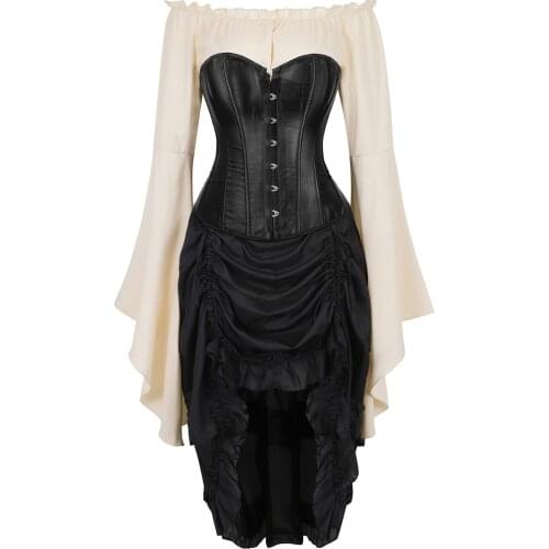 Satin Corset Bustiers Plus Size with Pirate Skirt and Blouse 3 Piece Gothic Korsage Sexy Carnival Dance Party Costume Steampunk