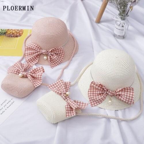 PLOERMINCute Bow Princess Hat Summer Girls Straw hat Sun Hat +Handbag 2pcs Sets For Tour Kids Child Beach Hats UV Protection Cap
