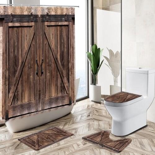 Vintage Retro Old Wooden Door Shower Curtain Country Farmhouse Barn Board Bathroom Deco Set Non-Slip Rug Toilet Cover Bath Mat