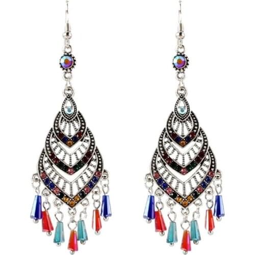 Vintage Ethnic Style Heart Shaped Pendant Earrings Fashion Color Diamond Tassels Bead Earrings For Woman Girl Popularity Jewelry