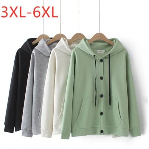 New 2021 Ladies Autumn Winter Plus Size Hoodie Jacket For Women Large Long Sleeve Loose Cotton Green Button Coat 3XL 4XL 5XL 6XL