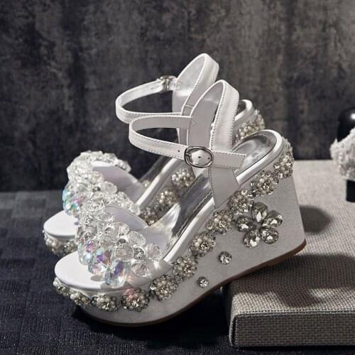 Sexy Princess Pure bling Crystal pedant Rhinestones Flower Decor Wedges Heels Women Open Toe Platform Women Beauty Sandals