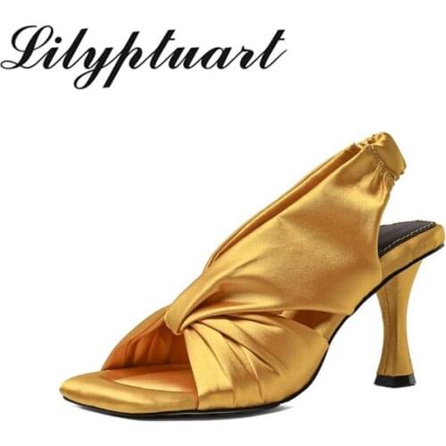 2020 summer high-heeled real silk satin square head fashion sandals nightclub sexy temperament ladies leather plus size shoes