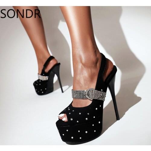 Womens Peep Toe Velvet Leather Platform Block High 5.1'' Heel Rhinestones Crystal Slingbacks Pumps Sexy Party Shoes New 2021