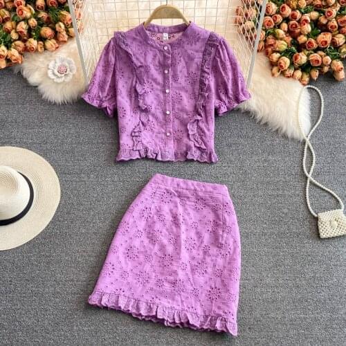 Women Purple/Orange/White Hollow Out Two Piece Set Summer Elegant Single Breasted Short Embroidery Blouse + Ruffle Mini Skirt